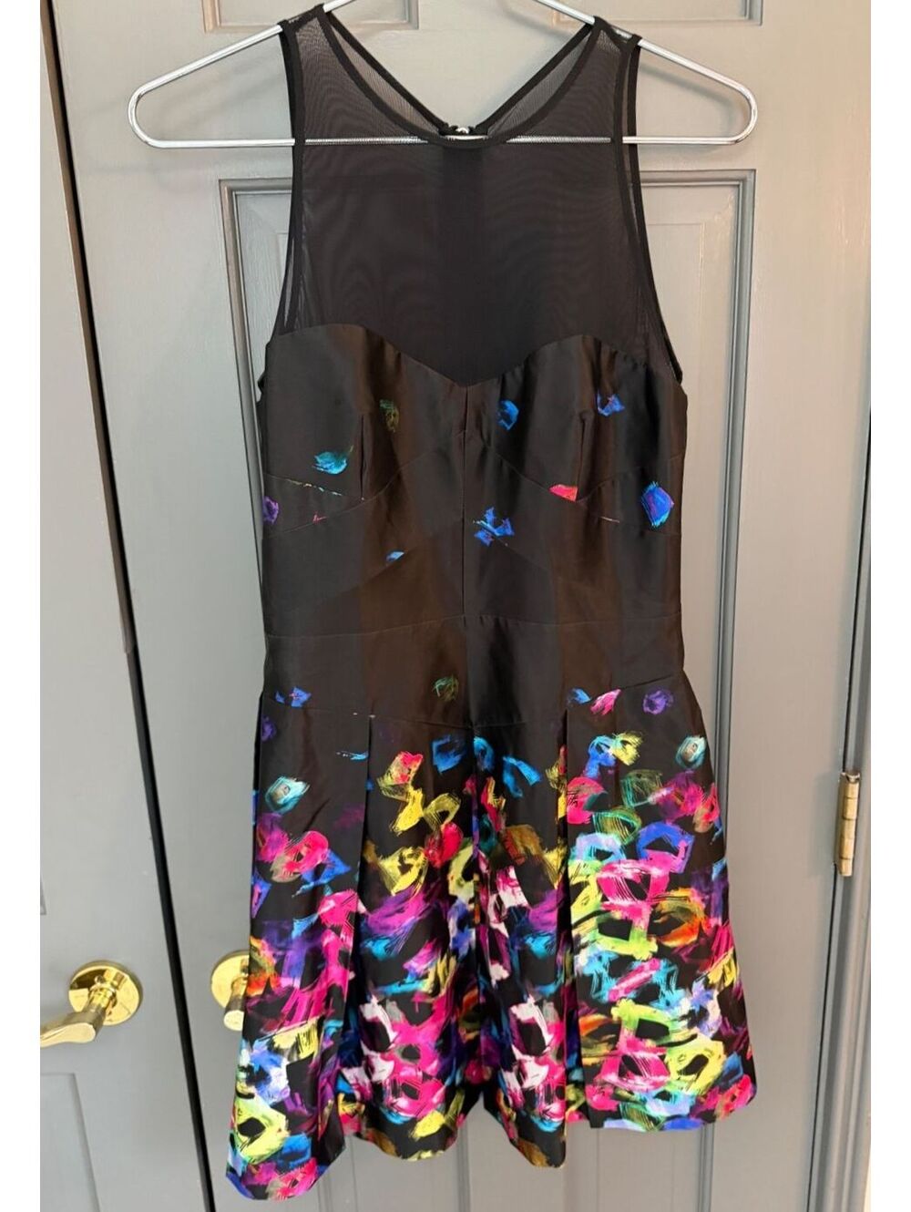 Milly NY Black & Multicolor Abstract Print Mesh Pleated Mini Dress Sz 6 EUC